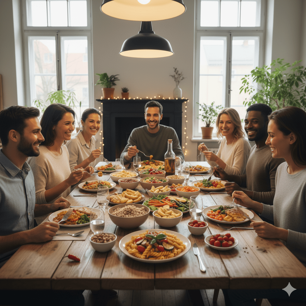 Group of people enjoying a balanced meal together around a dining table.