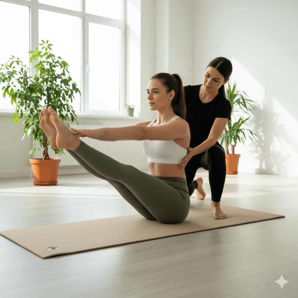 Woman practicing Pilates teaser pose with trainer assisting indoors