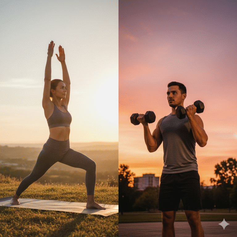 Man weightlifting and woman practicing yoga outside at sunset