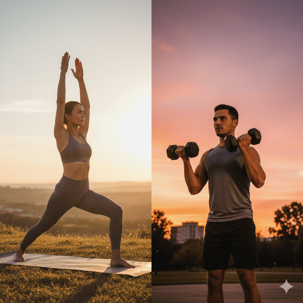 Man weightlifting and woman practicing yoga outside at sunset