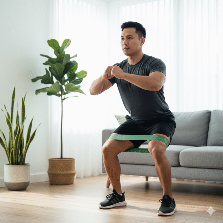 A man doing resistance band squats in a home workout setting to strengthen legs and glutes.