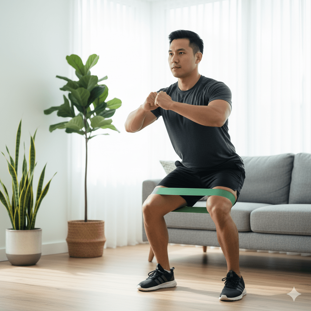 A man doing resistance band squats in a home workout setting to strengthen legs and glutes.