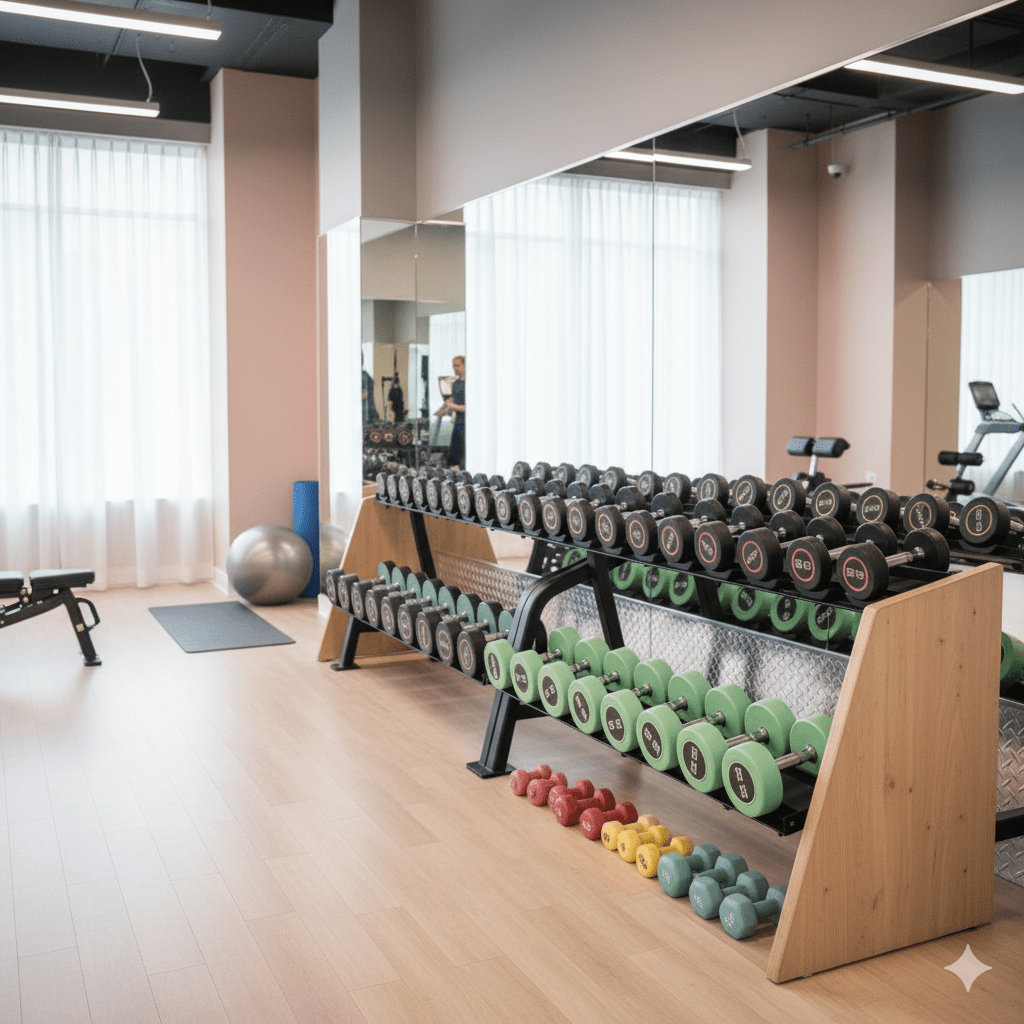 A gym rack organized with colorful dumbbells inside a bright modern fitness studio.