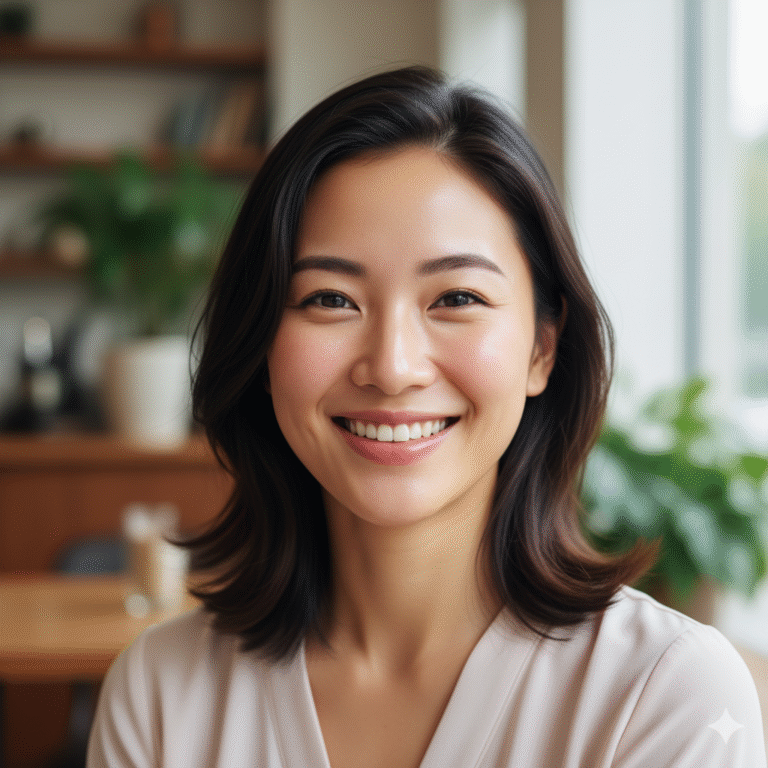 Smiling woman sitting indoors looking confident and relaxed.