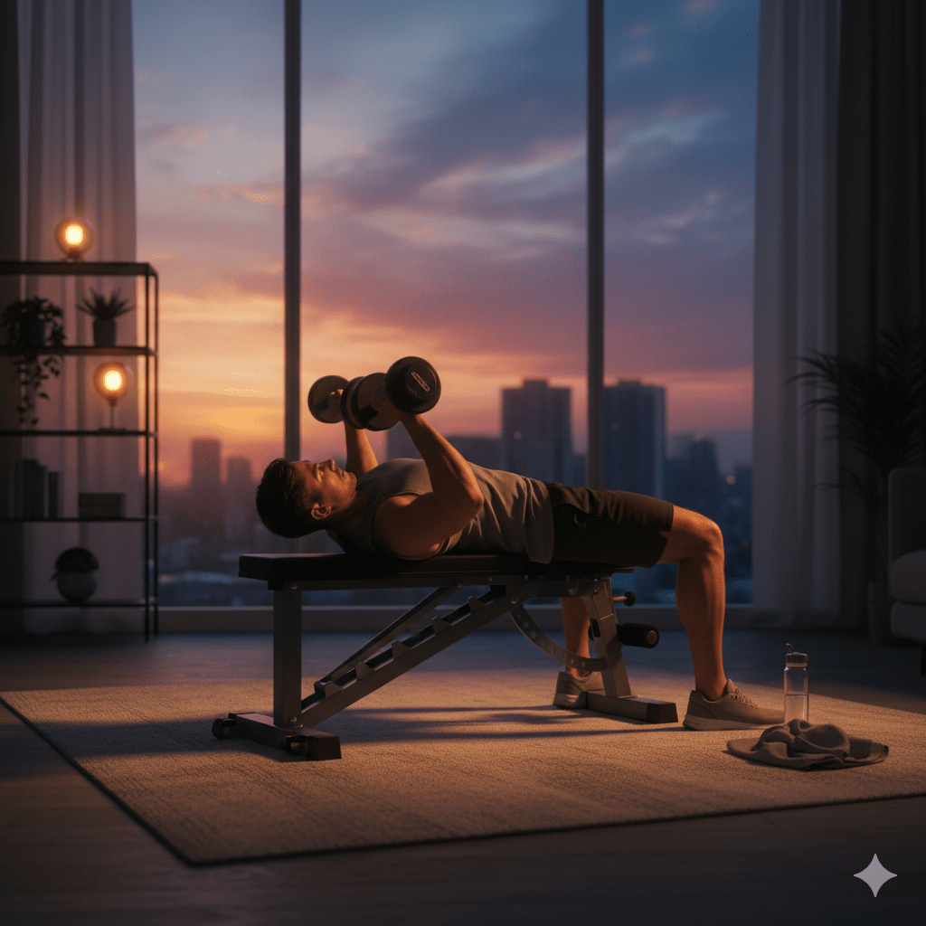 Man lifting dumbbells at night with city lights visible through the window