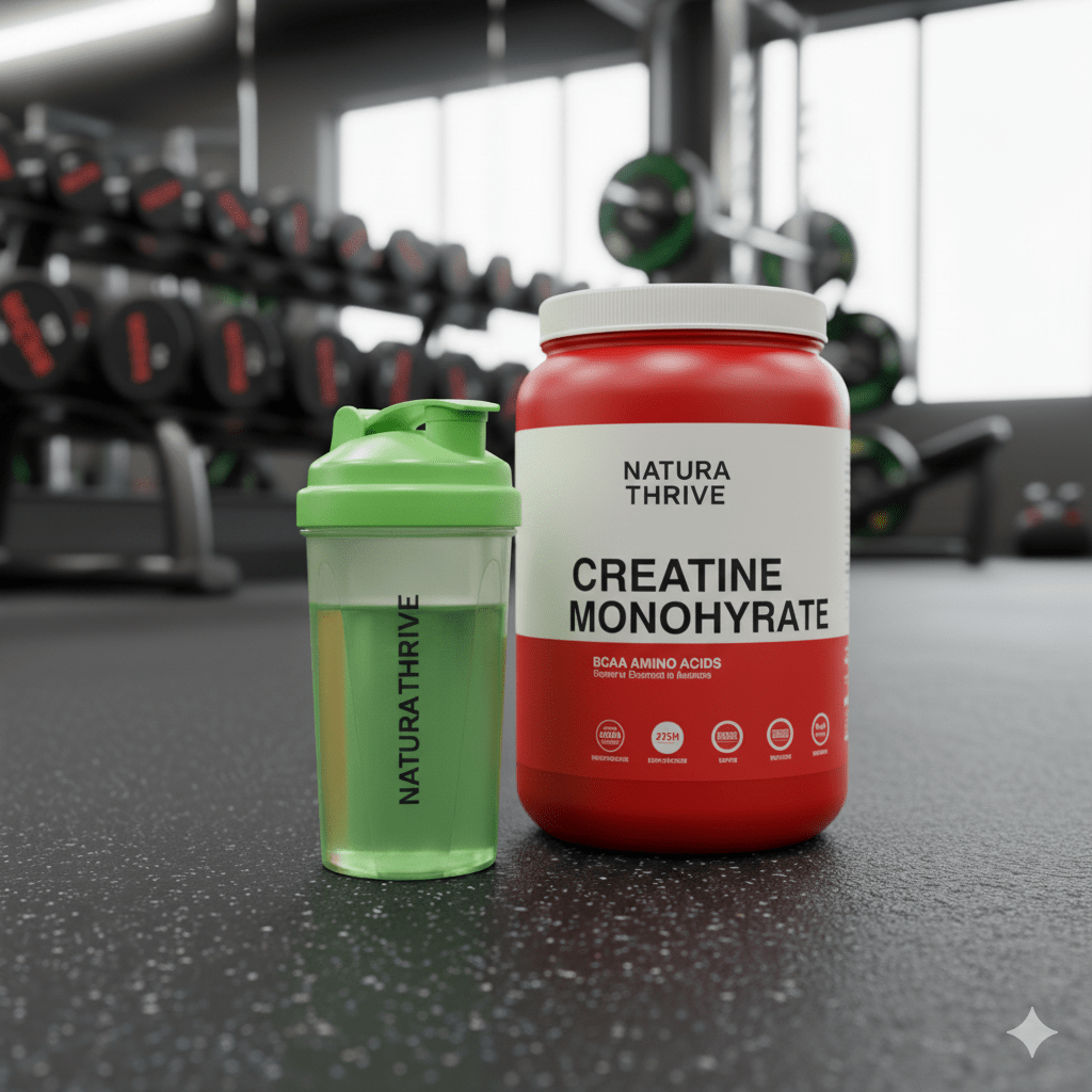 Creatine monohydrate supplement jar beside a shaker in a fitness environment.