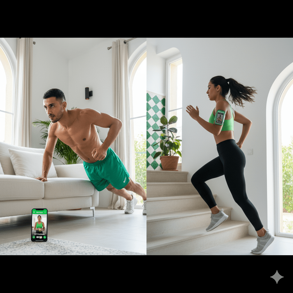 Young man and woman exercising together at home during a virtual GoFitNow workout session.