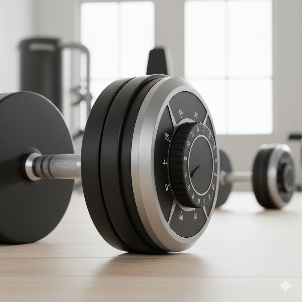 close-up view of an adjustable dumbbell showing weight plates and locking mechanism.