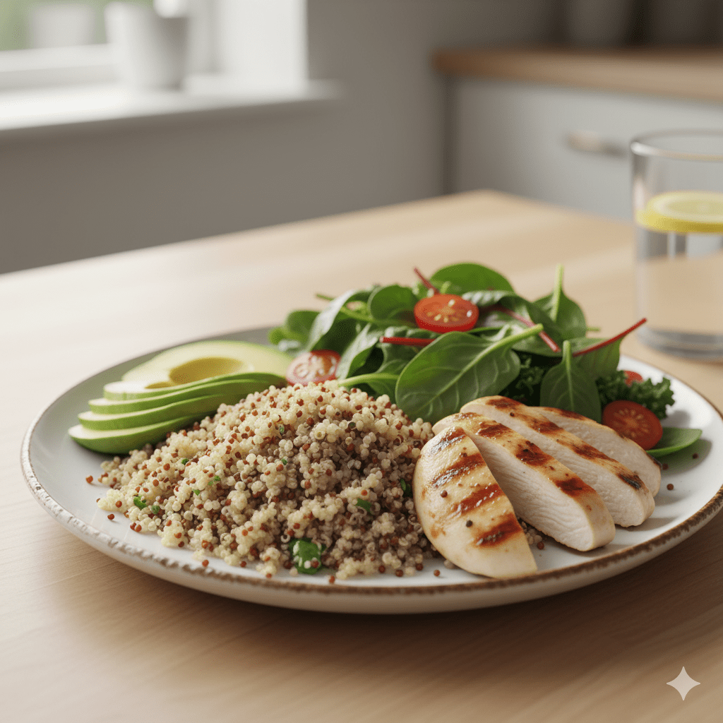 Balanced plate with quinoa, grilled chicken, spinach, and avocado