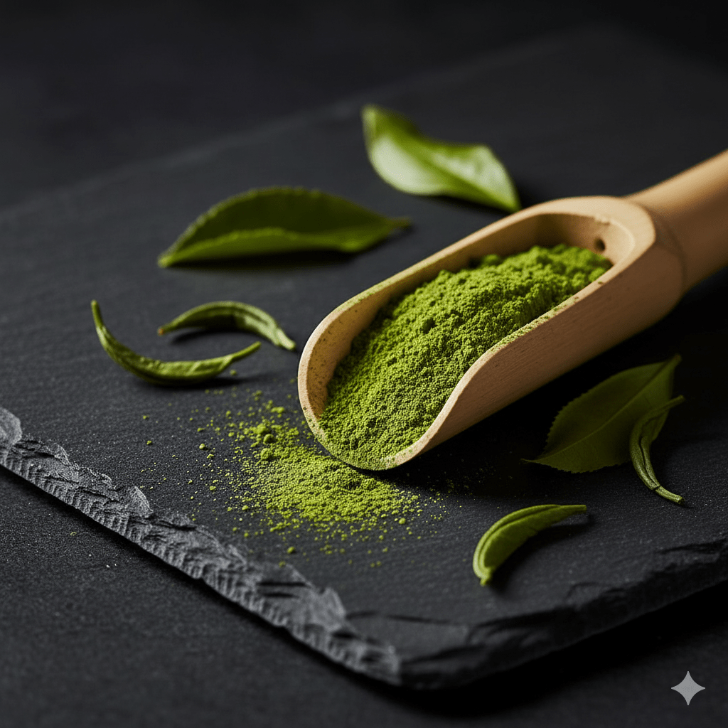 Close-up of matcha tea powder on a scoop placed next to fresh green leaves.