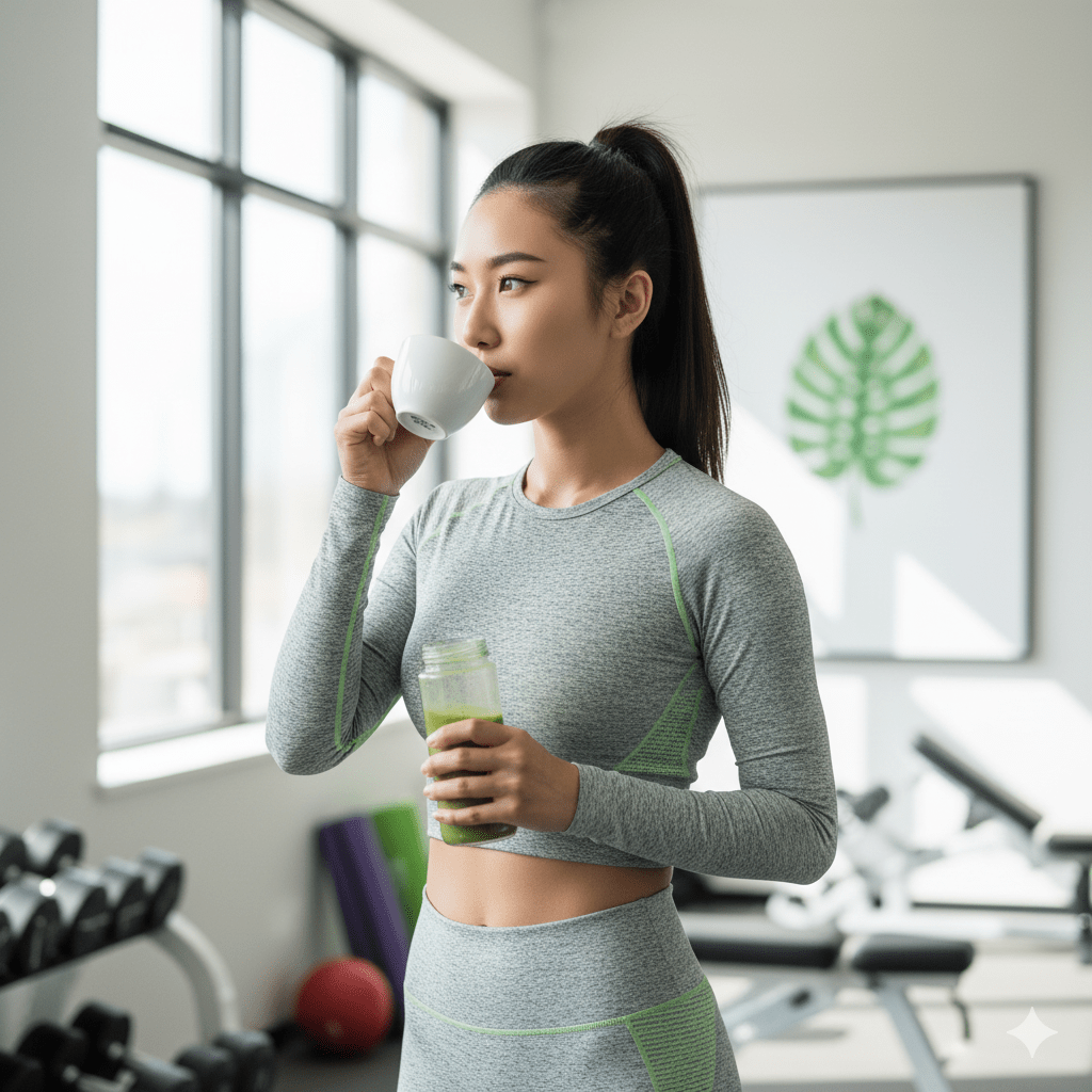 Woman drinking a glass of matcha latte in a bright living room, representing a healthy morning drink.