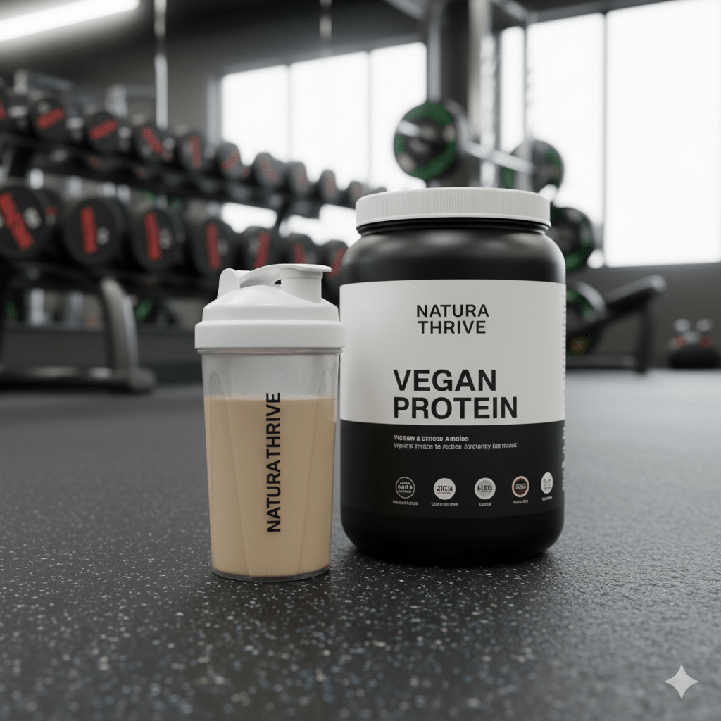 Vegan protein powder with shaker bottle placed in a gym setting.