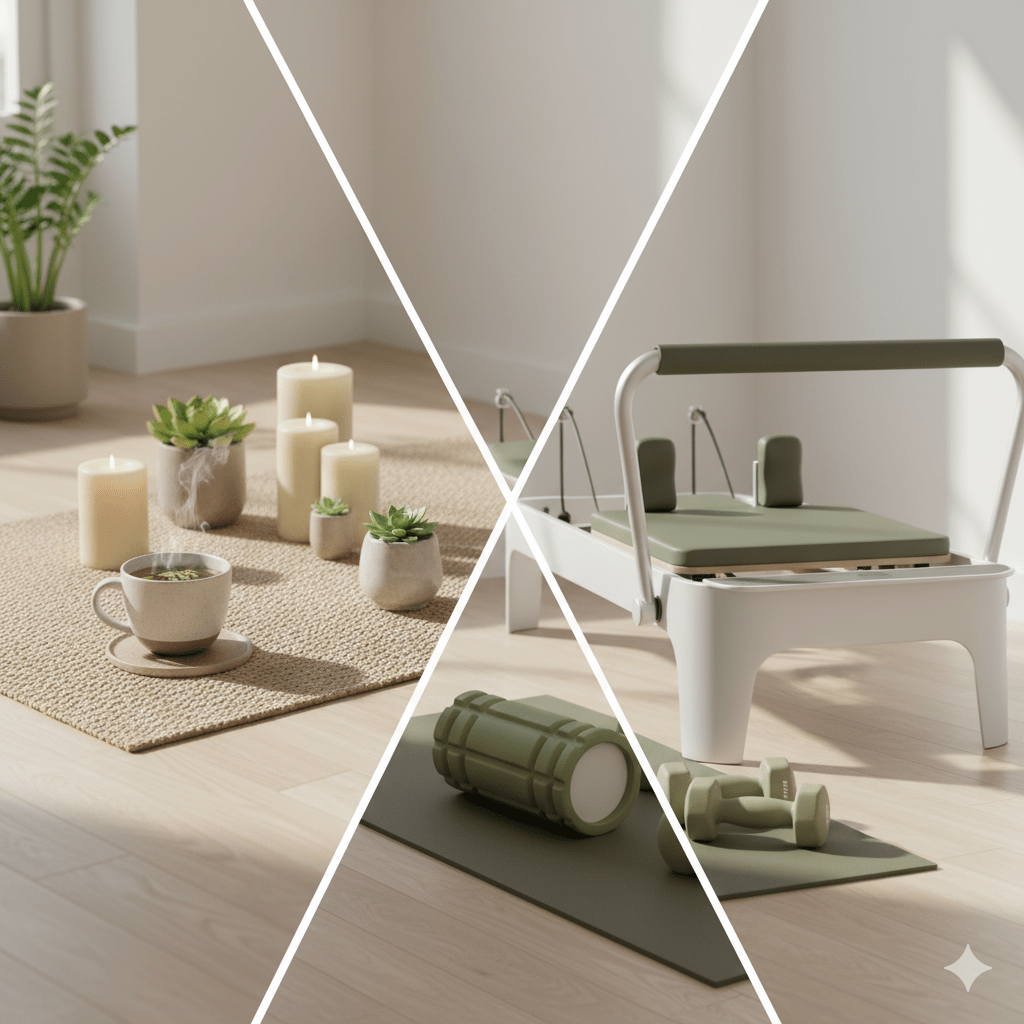 Yoga mat and Pilates props displayed side by side, showing equipment differences