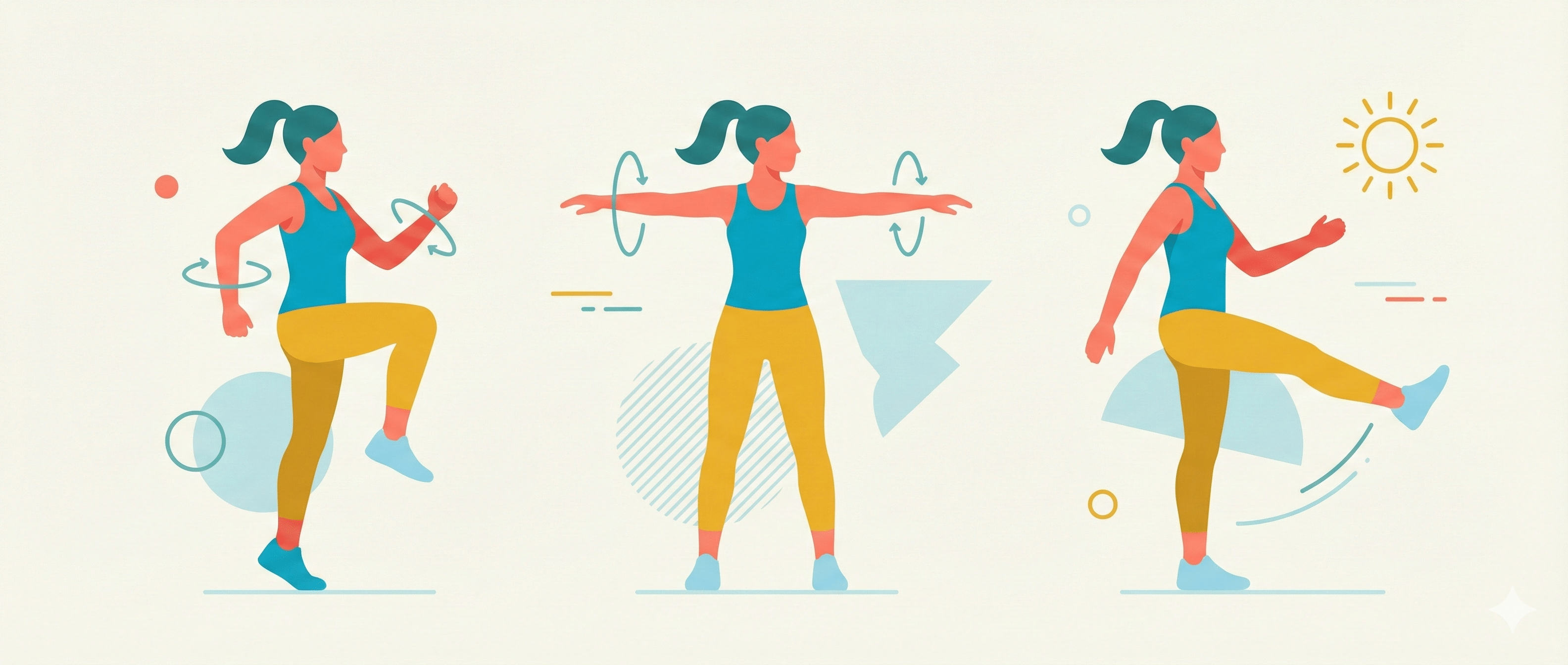Vector illustration of a woman doing warm-up exercises including marching, arm circles, and leg swings for a fitness blog.