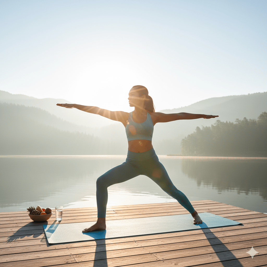 Woman standing outdoors at sunrise practicing yoga on a wooden deck facing the lake