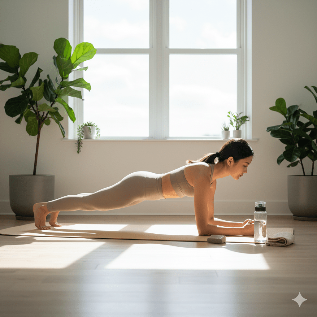 Woman doing a plank exercise in a bright home workout space with indoor plants