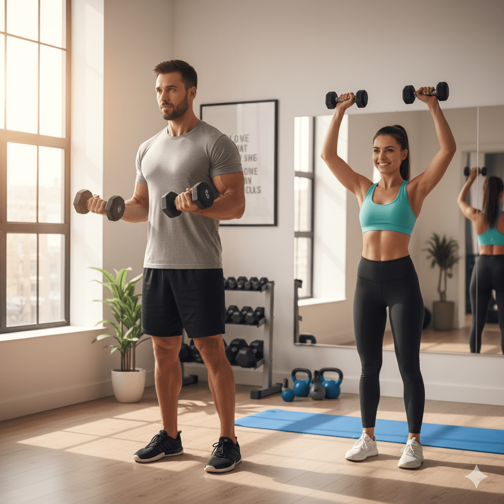 A man and woman performing dumbbell exercises together in a bright workout studio.