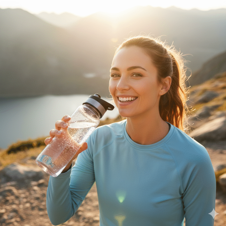 Woman smiling outdoors while drinking water after a workout session.