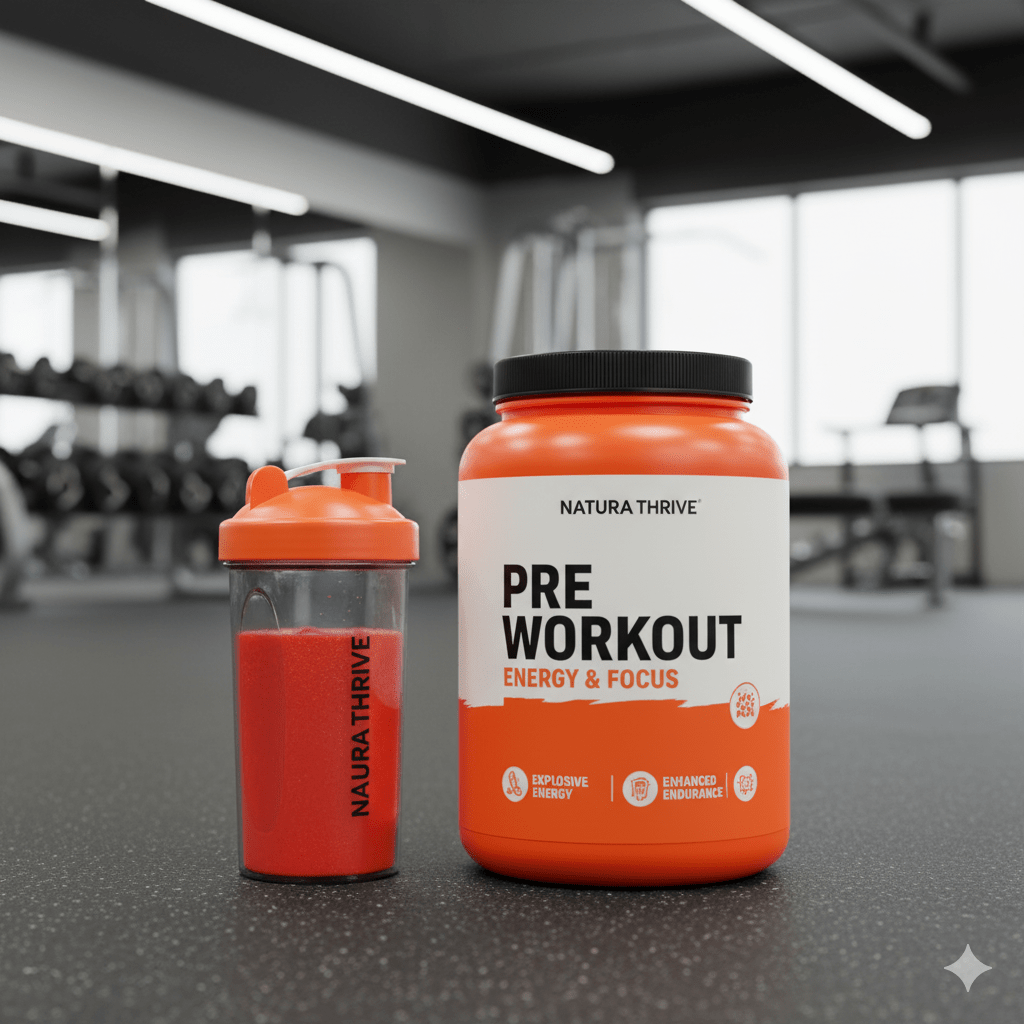Pre-workout supplement jar with shaker on the gym floor for pre-training boost.