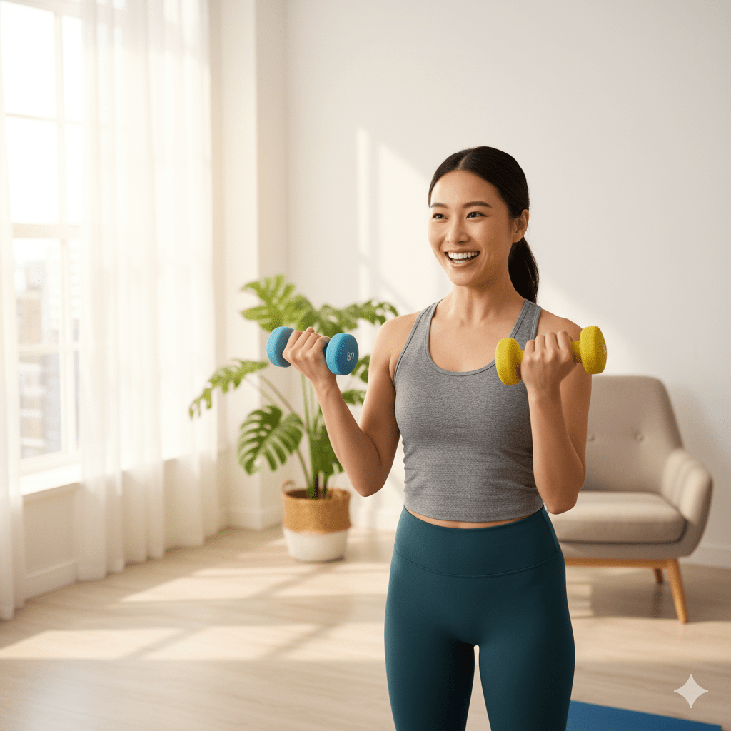 A woman smiling while lifting yellow dumbbells during a home workout.