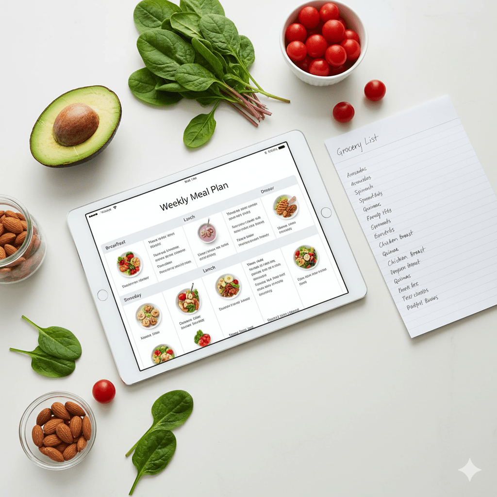 Digital weekly meal plan displayed next to fresh vegetables and a handwritten grocery list.