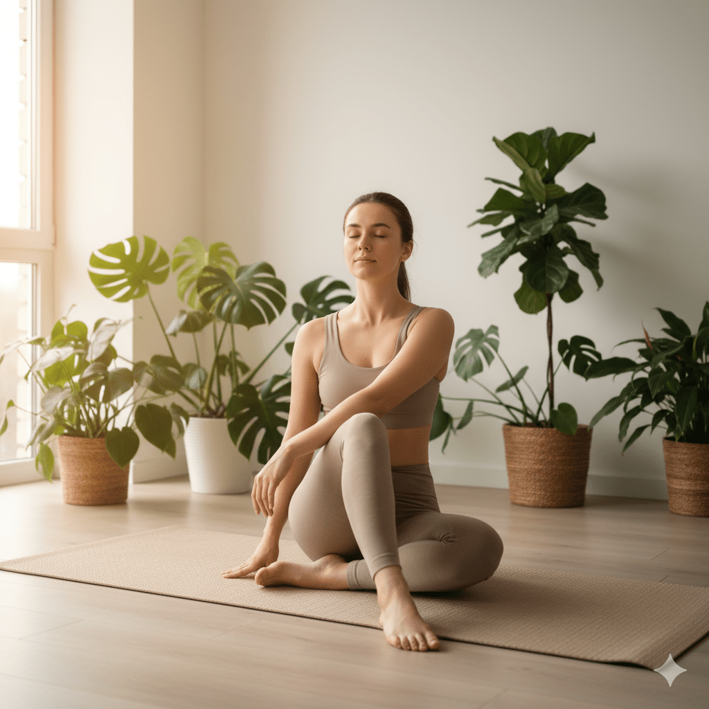 Woman in meditation posture practicing yoga indoors surrounded by plants