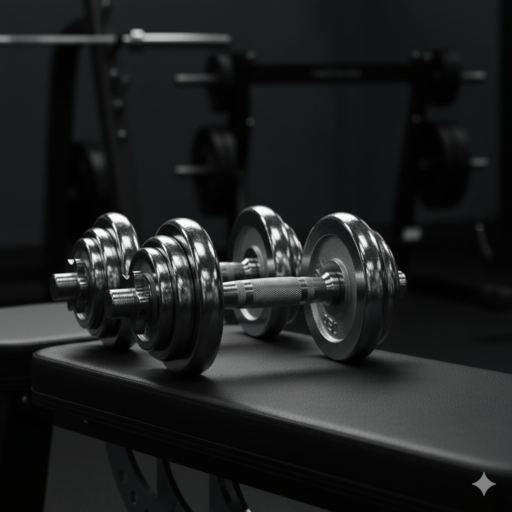 A set of adjustable metal dumbbells resting on a workout bench.