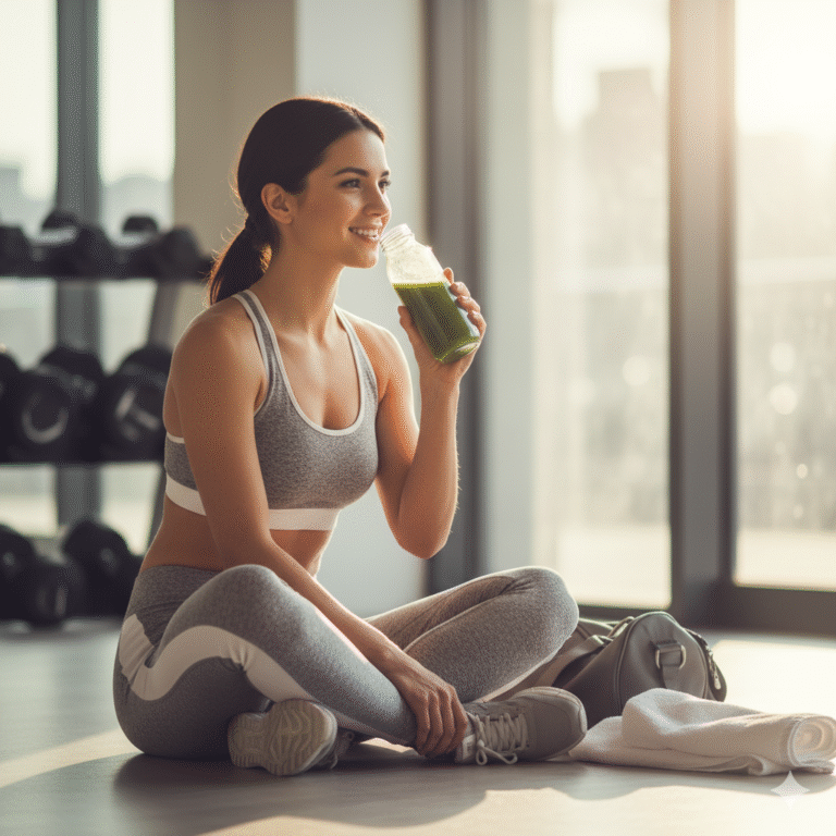 A young woman relaxing after her workout while drinking a recovery smoothie indoors.