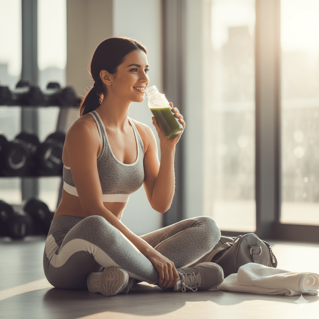A young woman relaxing after her workout while drinking a recovery smoothie indoors.