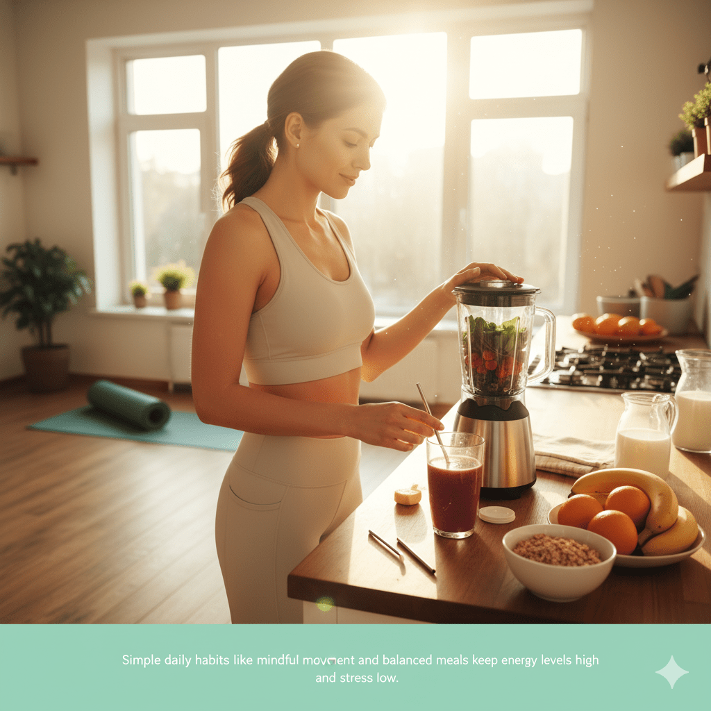 Woman preparing a healthy smoothie with fruits and vegetables in a bright kitchen