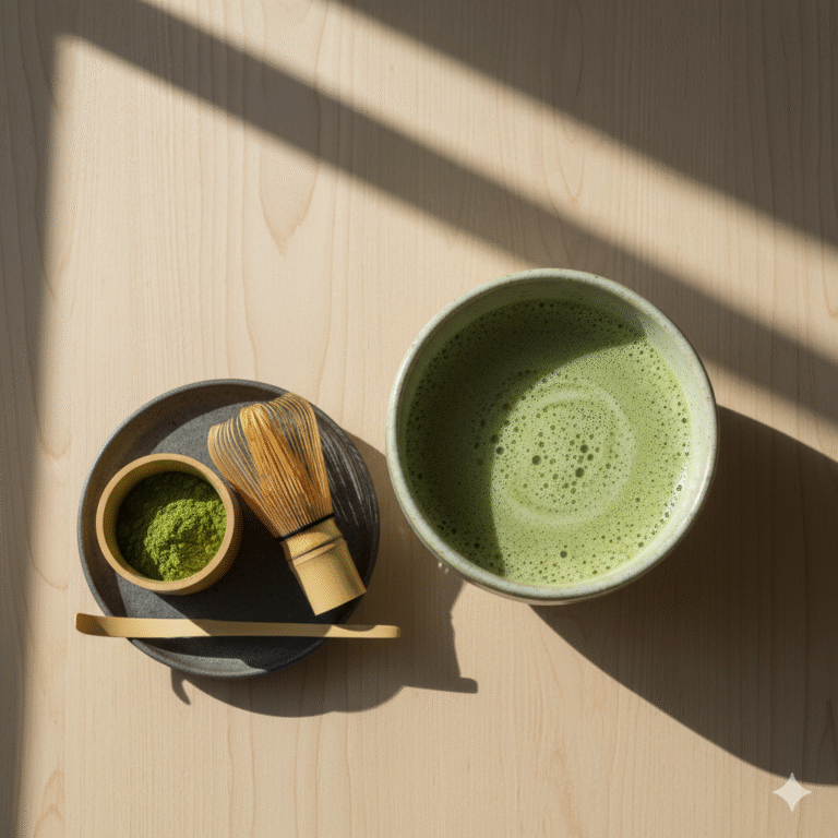 A bright, minimal flat-lay of a cup of frothy matcha green tea with a bamboo whisk, ceramic bowl, and matcha powder on a wooden table, natural light, soft shadows, clean composition, Japanese tea ceremony style, top view, high-resolution wellness photography.