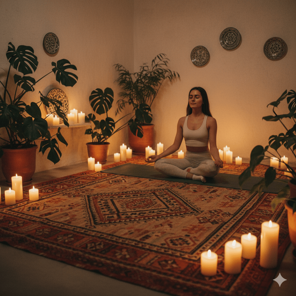 Woman meditating on a yoga mat in a candlelit room surrounded by plants during a relaxing mindfulness session.