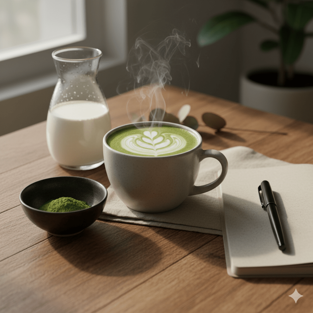 Top view of a cup of matcha latte beside black coffee on a wooden table, symbolizing energy and focus.