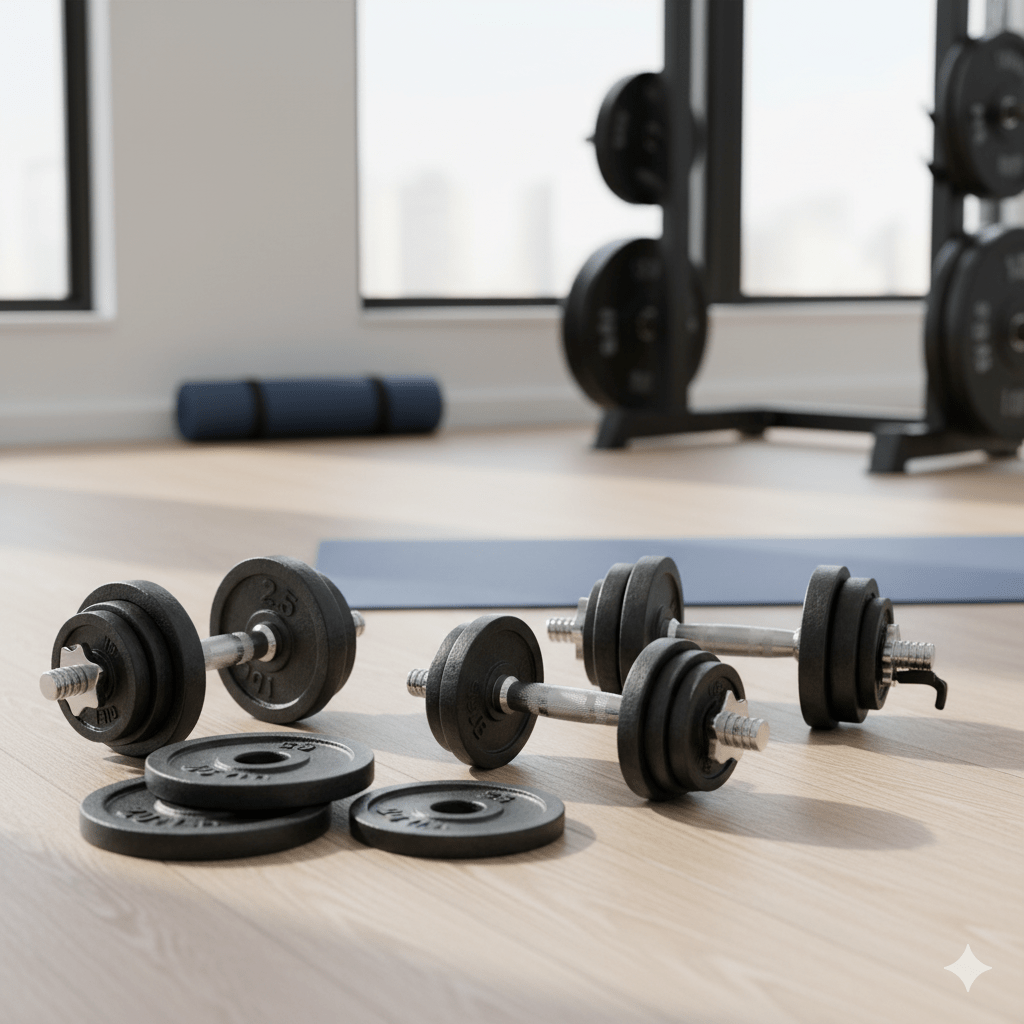 A group of adjustable dumbbells arranged near a window in a workout room.