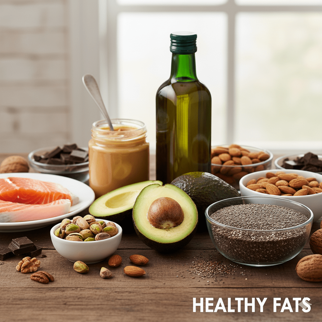 Assorted healthy fats including avocado, olive oil, nuts, seeds, and salmon displayed on a wooden surface.