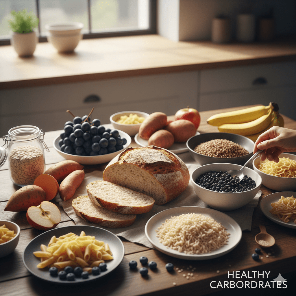 Healthy carbohydrate food sources including bread, oats, pasta, apples, and berries arranged on a kitchen table.”