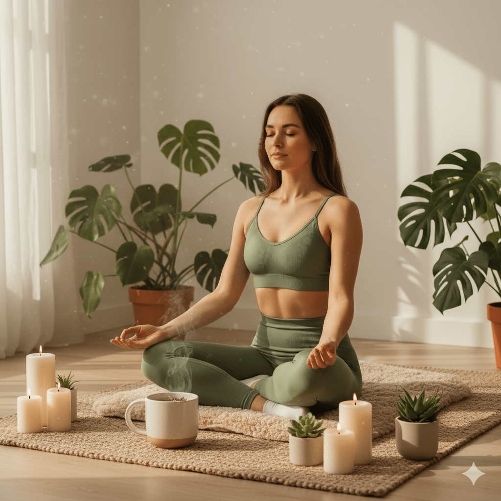 A woman meditating on a yoga mat surrounded by candles and plants, practicing mindful relaxation at home.