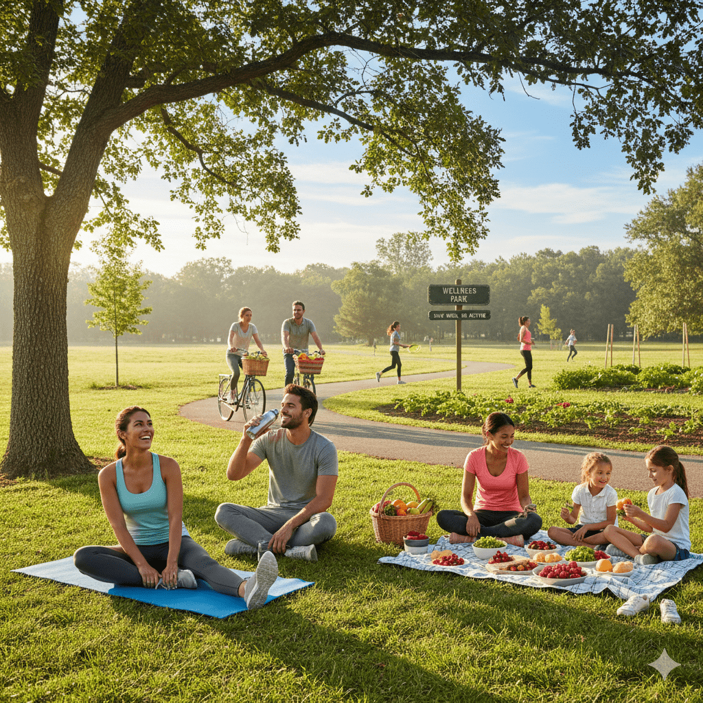 Group enjoying an outdoor picnic together on the grass during a sunny day