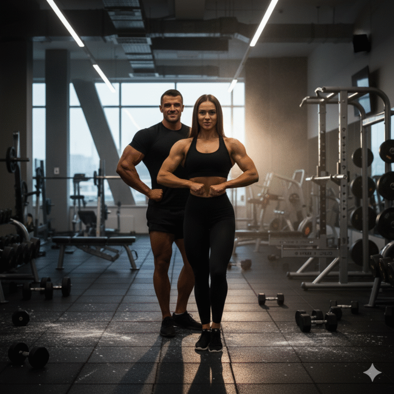 Man and woman standing confidently in a gym, ready to begin their workout.