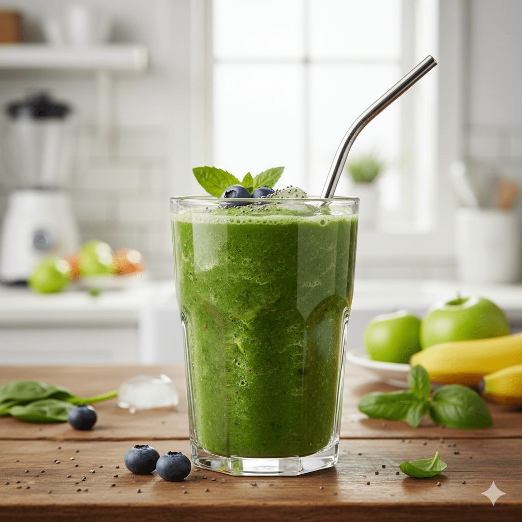 Healthy green detox smoothie in a glass jar on a kitchen counter with spinach and apple.