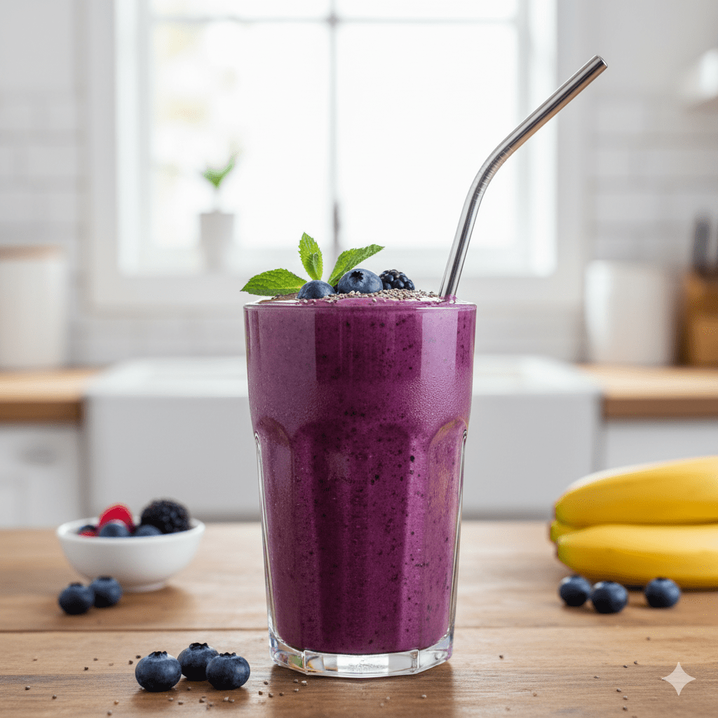 Purple berry smoothie in a glass with blueberries and mint on a wooden table.