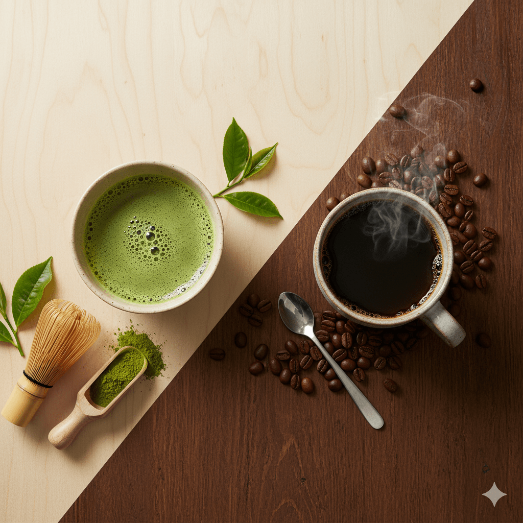 Top view of a cup of matcha next to black coffee, showing a healthy alternative drink choice.