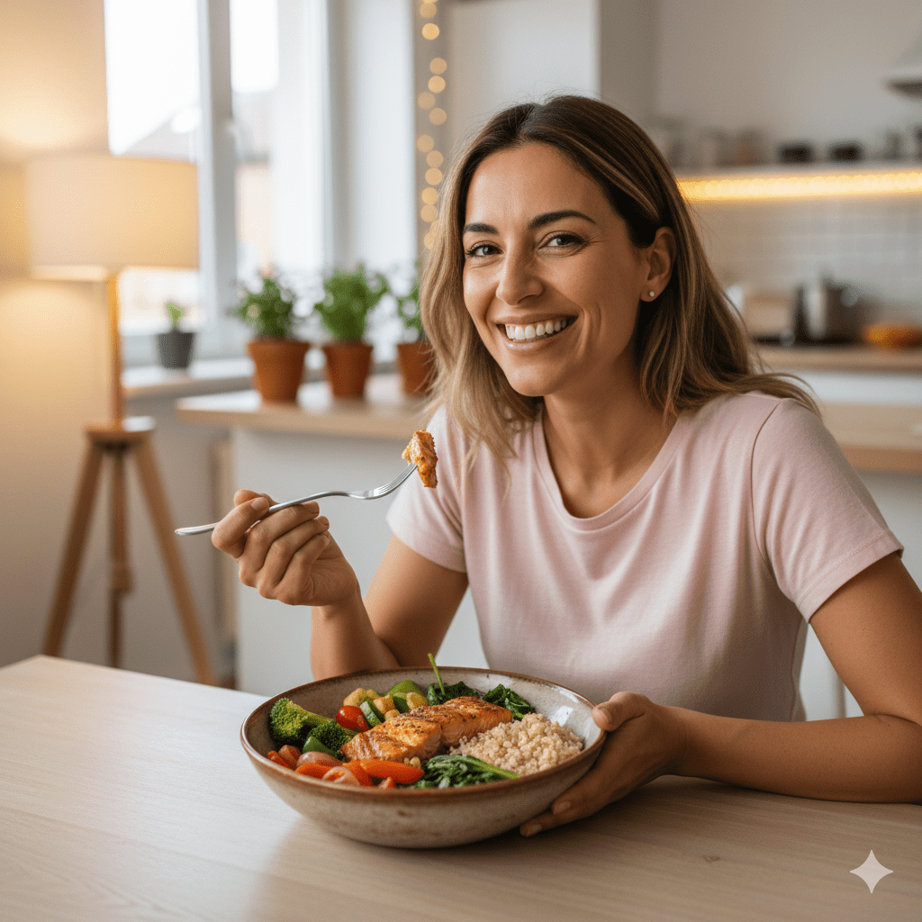 Smiling woman eating a balanced meal at home