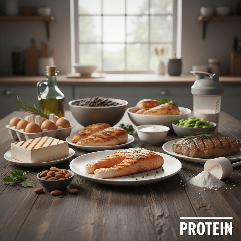High-protein food options such as chicken, eggs, cheese, beans, and nuts laid out on a kitchen table