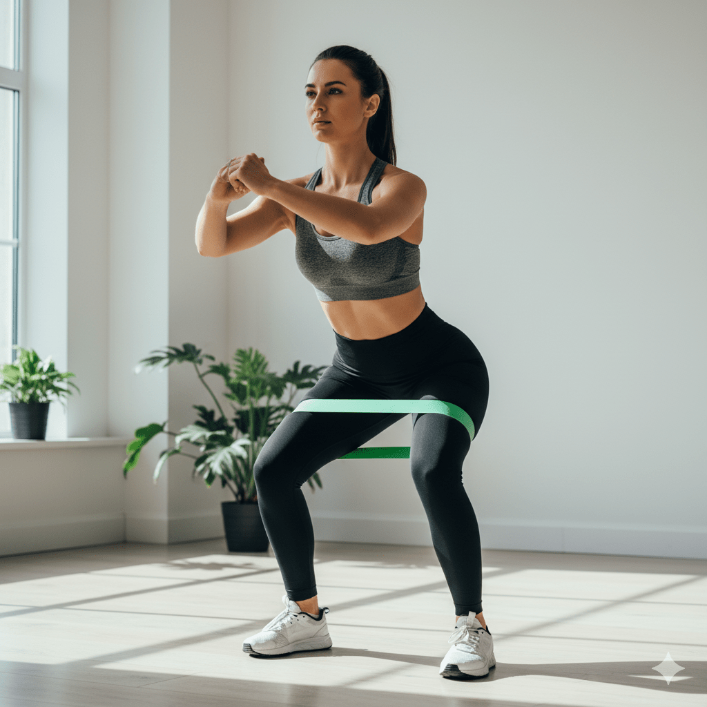 Woman performing squats with a resistance band around her thighs to strengthen glutes and legs at home.