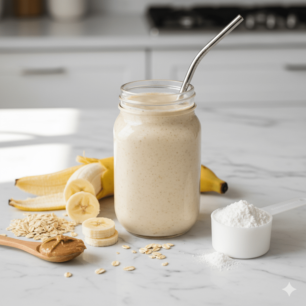Fresh banana smoothie with oats on a white table, designed to support post-exercise recovery.