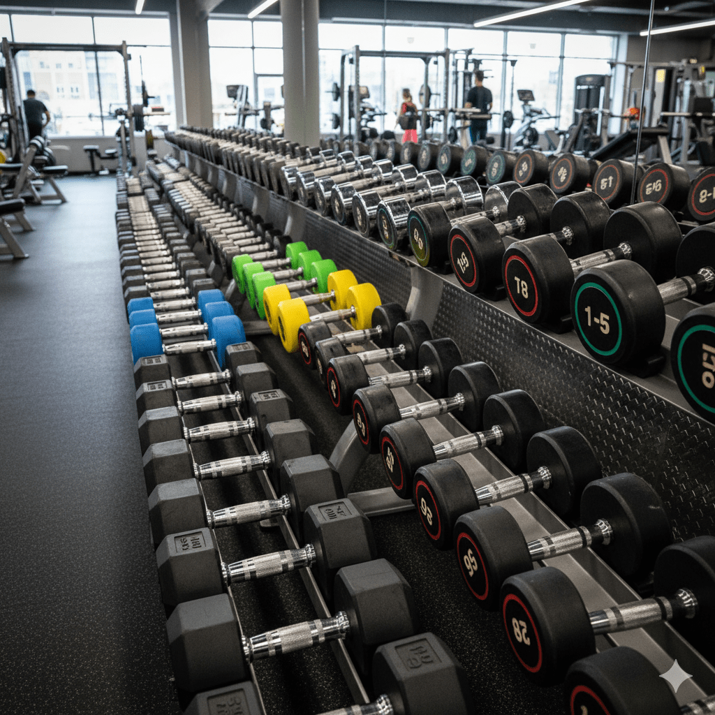 A long rack of colorful dumbbells arranged by weight inside a modern gym.