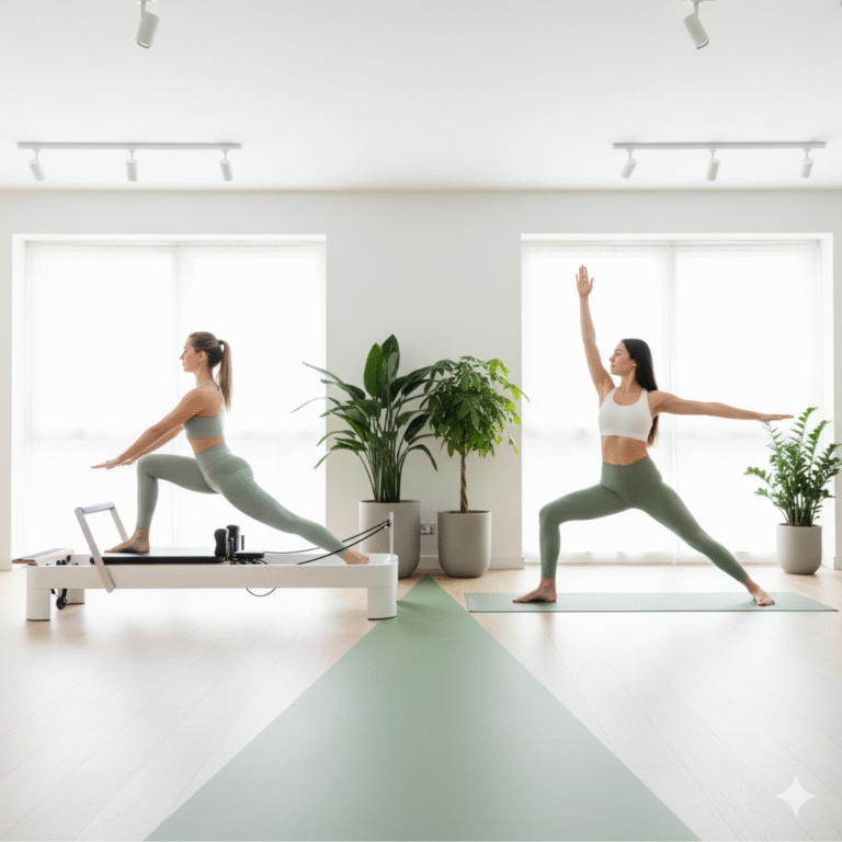 Woman practicing Pilates reformer lunges beside another woman doing yoga warrior pose indoors