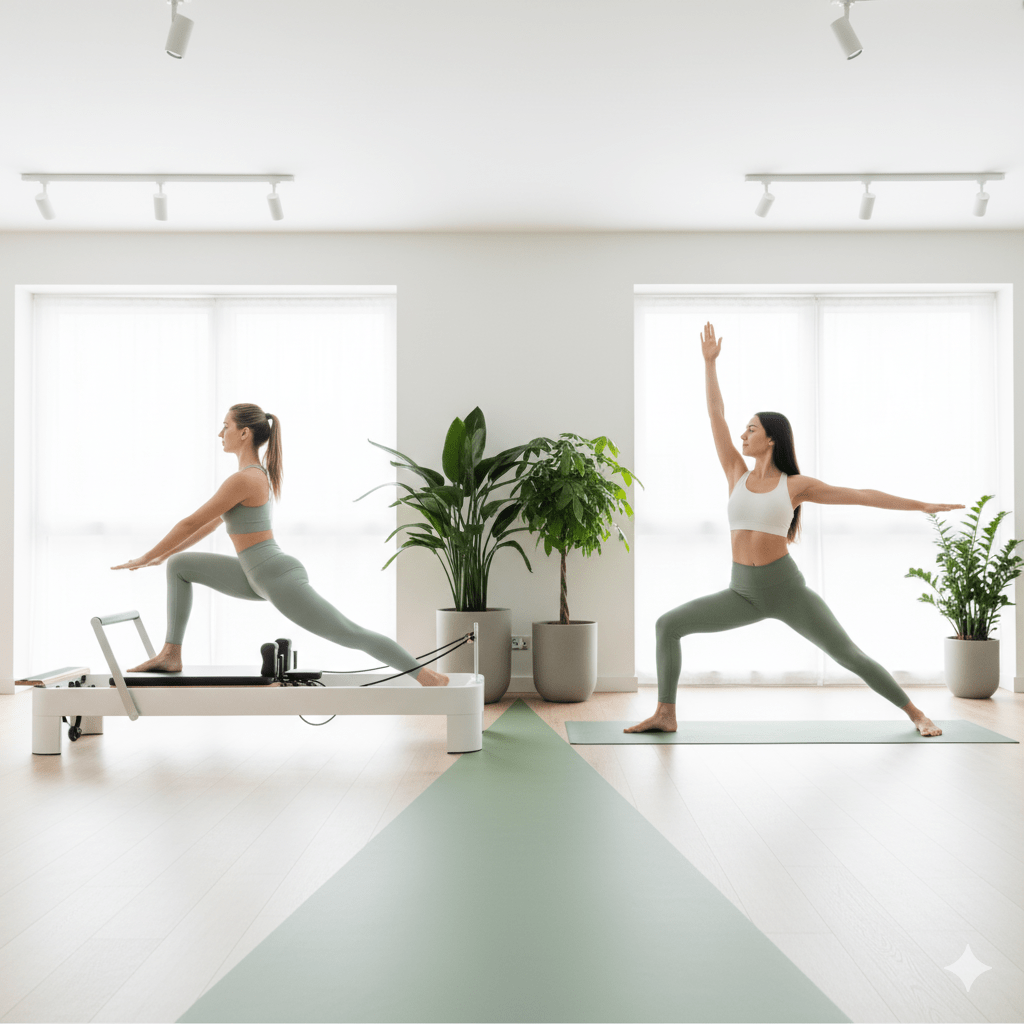 Woman practicing Pilates reformer lunges beside another woman doing yoga warrior pose indoors