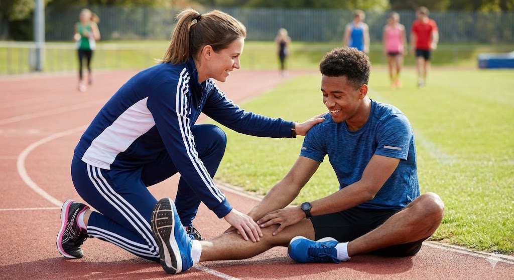 A woman helping a teenager stretch his leg on a running track before starting exercise.